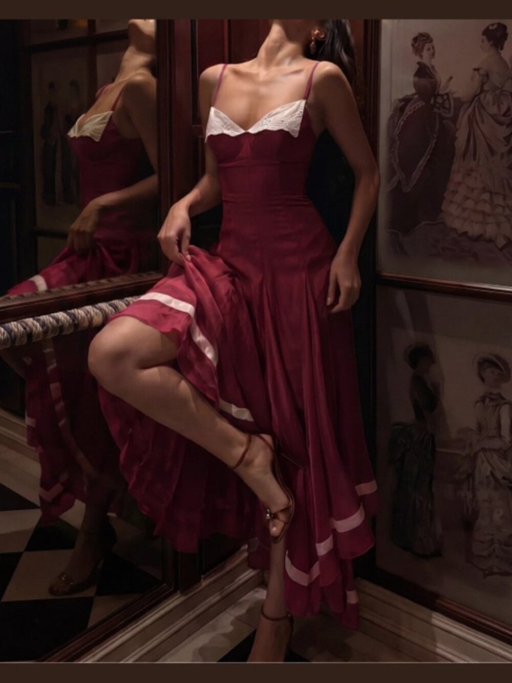 Burgundy Contrast Lace Trim Tiered Ribbon Hem Maxi Dress - Picture 6 of 8